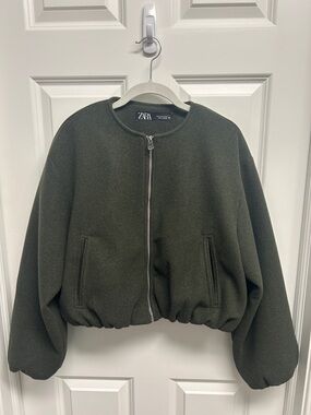 ZARA Dark Olive Cropped Bomber Jacket NWT Size M